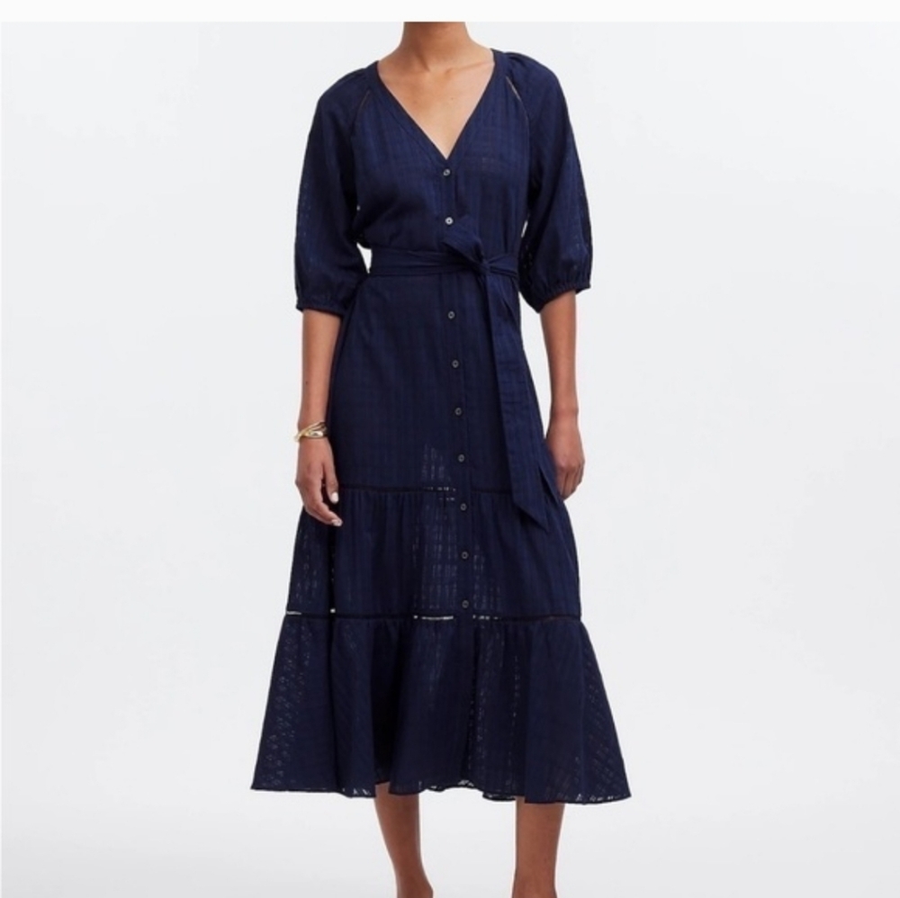 Madewell Tie-Waist Tiered Midi Dress in Windowpane Navy Size 0 NEW NS139 Flowy